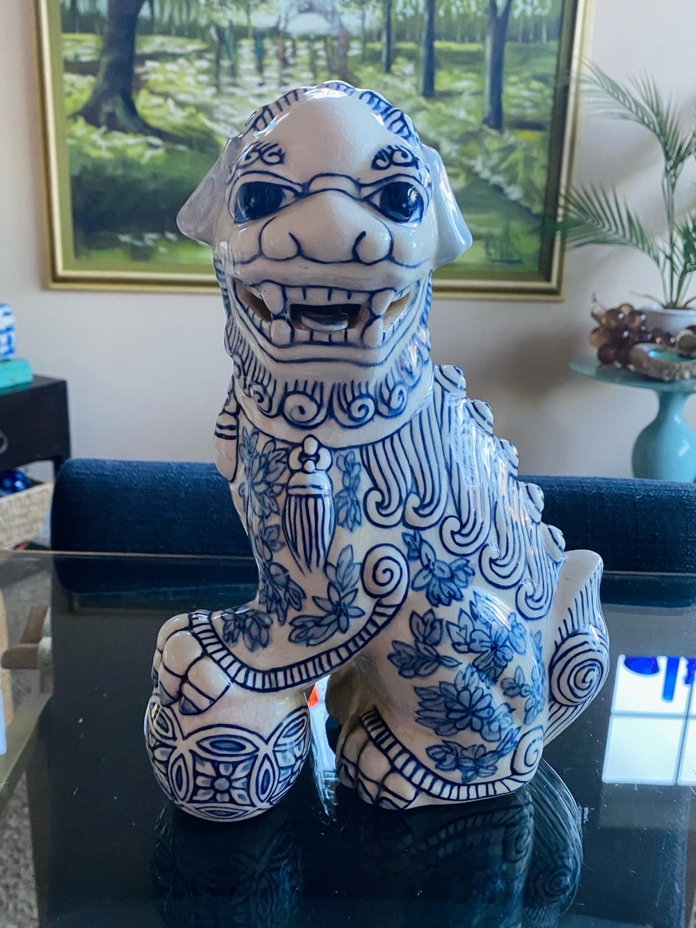 11” Vintage Foo Dog Male Guardian Lion Figurine Blue White Chinoiserie Porcelain